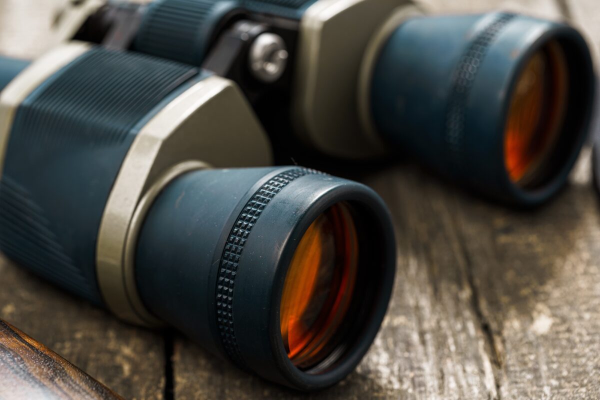 Hunting equipment binoculars on wooden background close up